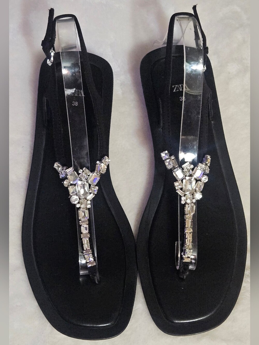 Zara Black Embellished T-Strap Size 38 / 8 Sandals EUC
